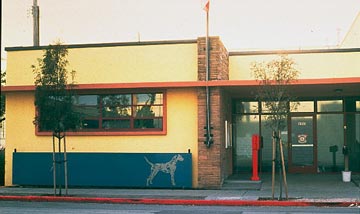 Entrance to Firestation with cutout image of Dalmation in steel